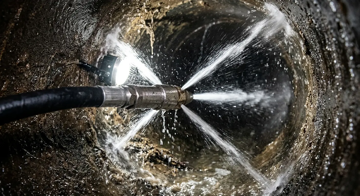 High-pressure hydro jetting nozzle cleaning sewer pipe for Trenchless Sewer Repair in Goldsboro