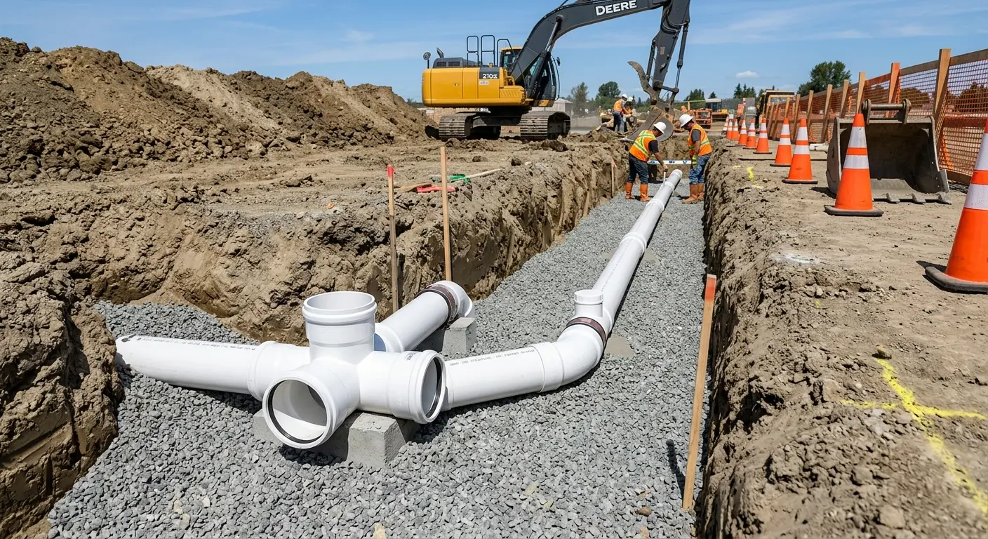 New PVC sewer pipe installation in open trench for Sewer Backup in Goldsboro