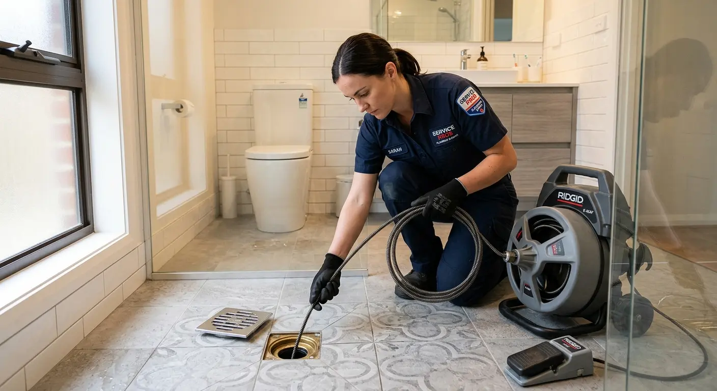 Technician clearing a bathroom floor drain for Drain Repair in Goldsboro